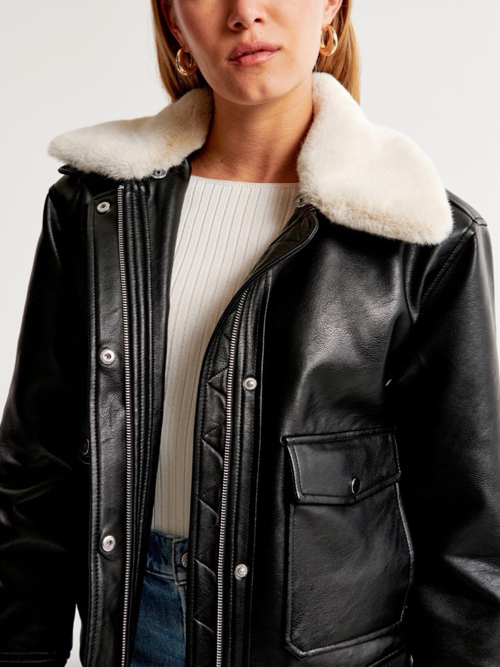 Abercrombie & Fitch Faux Fur Collar Vegan Leather Straight Cut Jacket Bomber